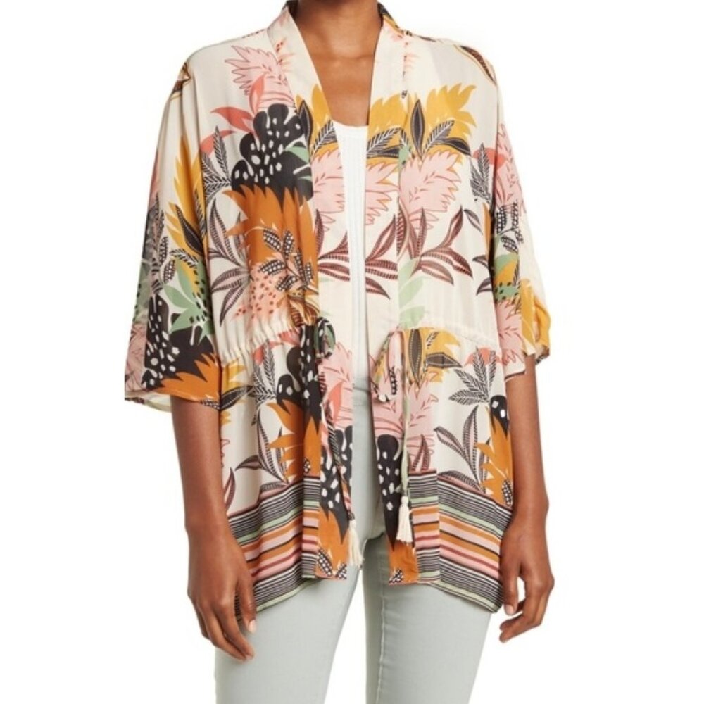 DR2 by Daniel Rainn Tropical Drawstring Tie Chiffon Kimono Topper Size XS/S